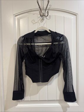 Le Lis Black Sheer Mesh Cropped Blouse